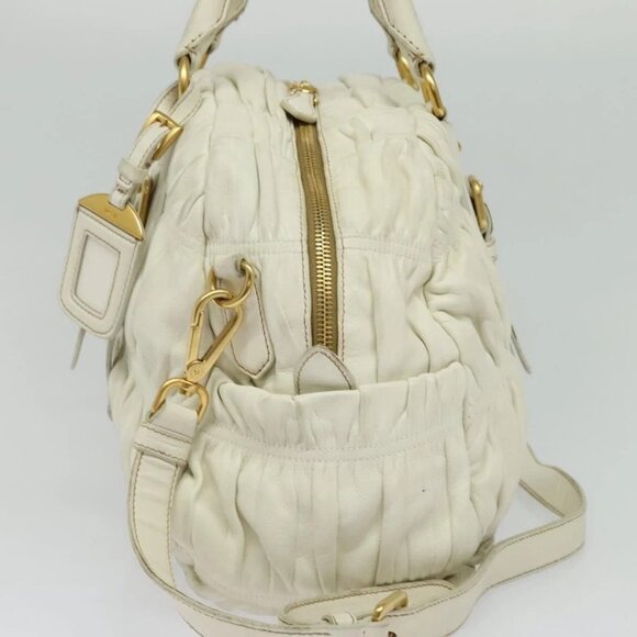 PRADA Hand Bag Leather 2way White Gold Auth gh676 - Picture 6 of 16